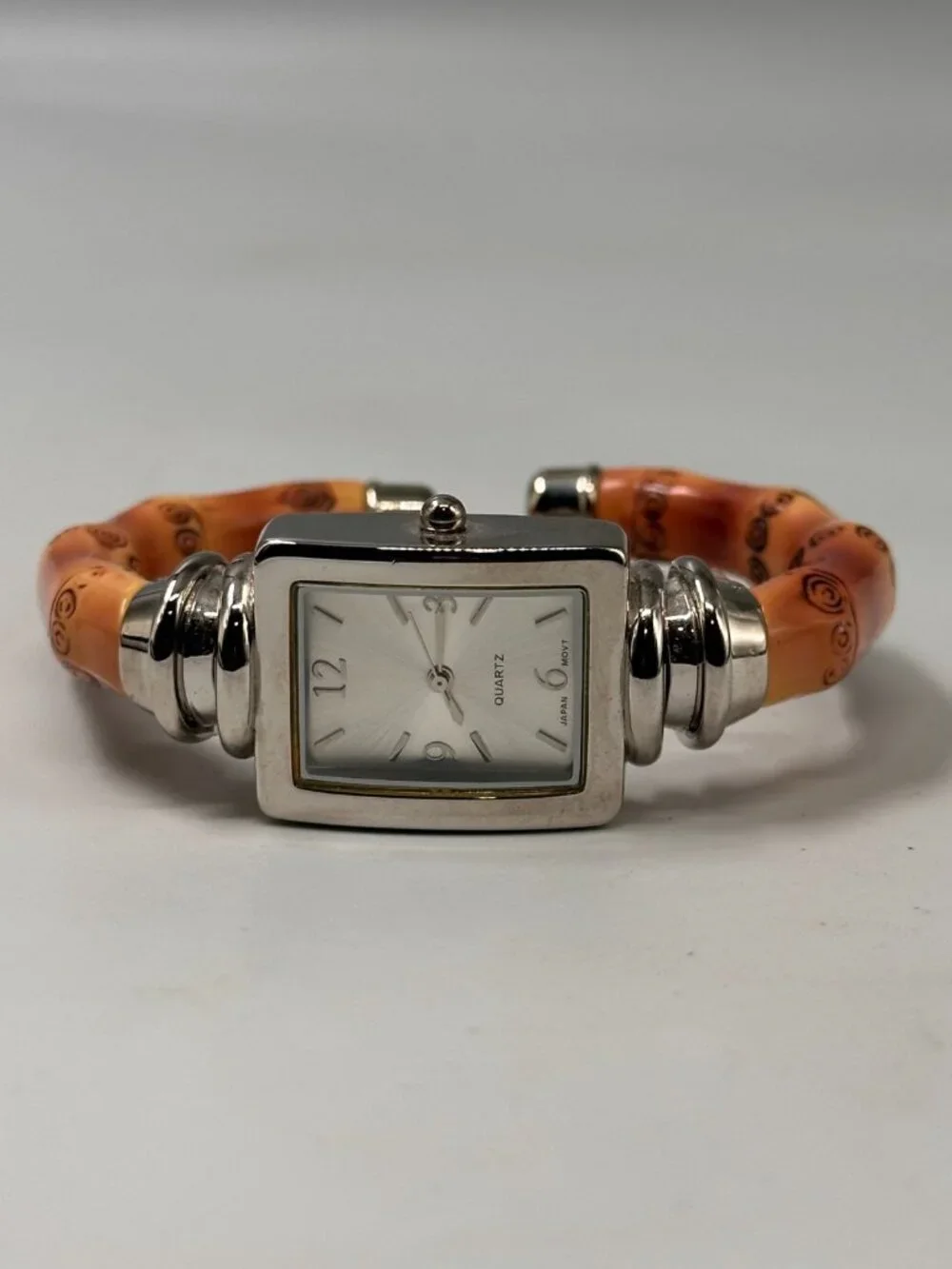 Accutime Women Watch Silver Tone Brown Bamboo Stick Cuff Band New Battery